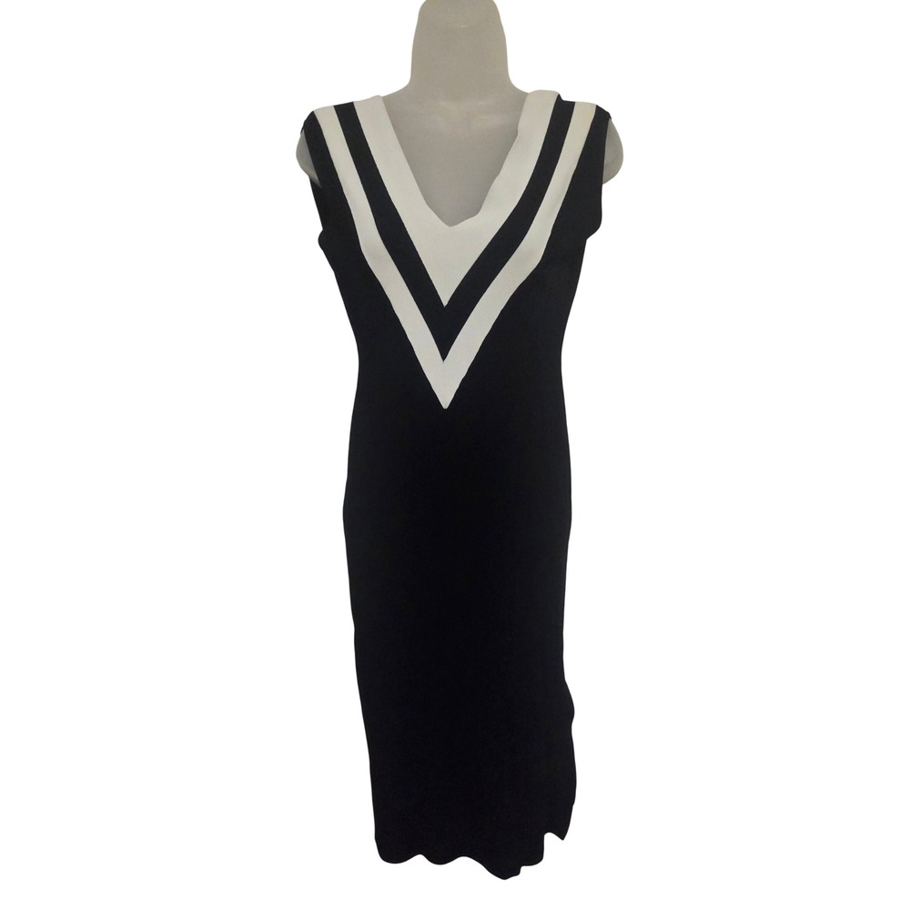 Rag & Bone New York Womens Black White V-Neck Ribbed Knit Midi Dress Size S
